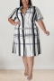 xl-5xl plus size summer new 5 colors inelastic plaid printing pocket single-breasted with belt casual midi dress_Black