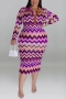 xl-5xl plus size autumn new 5 colors wave printing stretch long sleeves stylish midi dress_Purple