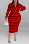 xl-5xl plus size autumn new 5 colors wave printing stretch long sleeves stylish midi dress_Purple_Red