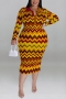 xl-5xl plus size autumn new 5 colors wave printing stretch long sleeves stylish midi dress_Purple_Red_Blue_Yellow