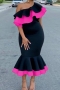 s-4xl plus size new stylish zip-up patchwork contrast color ruffle one shoulder slight stretch high quality elegant midi mermaid dress_Pink_Magenta