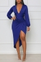 early autumn new plus size 4 colors solid color slight stretch v-neck nipped waist shirring irregular stylish sexy midi dress_Black_Dark Purple_Blue