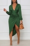 early autumn new plus size 4 colors solid color slight stretch v-neck nipped waist shirring irregular stylish sexy midi dress_Black_Dark Purple_Blue_Green