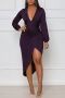 early autumn new plus size 4 colors solid color slight stretch v-neck nipped waist shirring irregular stylish sexy midi dress_Black_Dark Purple