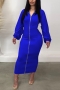 autumn new stylish 3 colors solid color slight stretch double head zip-up plus size shirring casual midi dress_Black_Red_Blue