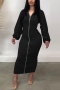 autumn new stylish 3 colors solid color slight stretch double head zip-up plus size shirring casual midi dress_Black