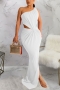 summer plus size 4 colors high stretch one shoulder hollow out irregular floor length sexy maxi dress_Black_White