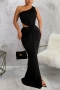 summer plus size 4 colors high stretch one shoulder hollow out irregular floor length sexy maxi dress_Black
