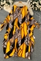 autumn new stylish 2 colors leopard batch printing crew neck lace-up long sleeve slight stretch casual midi dress_Yellow