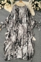autumn new stylish 2 colors batch printing crew neck lace-up long sleeve slight stretch casual midi dress_Khaki _Gray