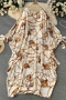 autumn new stylish 2 colors chain batch printing crew neck lace-up long sleeve slight stretch casual midi dress_Black_Beige