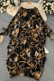 autumn new stylish 2 colors chain batch printing crew neck lace-up long sleeve slight stretch casual midi dress_Black