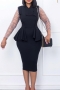 s-3xl plus size autumn new polka dot printing mesh patchwork slight stretch ruffle slit zip-up stylish classic midi dress (without belt)_Black
