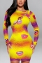 s-5xl plus size autumn new 5 colors stretch hollow single-breasted polka dot & lips printing slim sexy midi dress_Purple_Red_Orange_Yellow