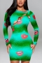 s-5xl plus size autumn new 5 colors stretch hollow single-breasted polka dot & lips printing slim sexy midi dress_Purple_Red_Orange_Yellow_Green