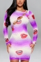 s-5xl plus size autumn new 5 colors stretch hollow single-breasted polka dot & lips printing slim sexy midi dress_Purple