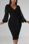 autumn new plus size 3 colors lace patchwork slight stretch lantern sleeve v-neck lace up bodycon stylish classic midi dress (with belt)_Black