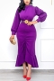 s-2xl plus size autumn new 4 colors slight stretch shirring ruffle zip-up slim elegant midi mermaid dress(no belt)_Black_Purple