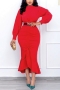 s-2xl plus size autumn new 4 colors slight stretch shirring ruffle zip-up slim elegant midi mermaid dress(no belt)_Black_Purple_Red