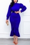 s-2xl plus size autumn new 4 colors slight stretch shirring ruffle zip-up slim elegant midi mermaid dress(no belt)_Black_Purple_Red_Blue