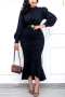 s-2xl plus size autumn new 4 colors slight stretch shirring ruffle zip-up slim elegant midi mermaid dress(no belt)_Black