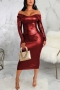 autumn new stylish seven colors off shoulder long sleeve slight stretch plus size casual midi dress_Black_Purple_Rose Red