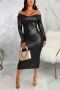 autumn new stylish seven colors off shoulder long sleeve slight stretch plus size casual midi dress_Black