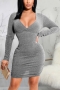autumn new stylish eight colors v-neck shirring long sleeve slight stretch plus size sexy mini dress_Black_Purple_Red_Rose Red_Blue_Dark Blue_Dark Gray