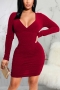 autumn new stylish eight colors v-neck shirring long sleeve slight stretch plus size sexy mini dress_Black_Purple_Red