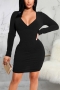 autumn new stylish eight colors v-neck shirring long sleeve slight stretch plus size sexy mini dress_Black