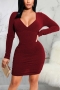 autumn new stylish eight colors v-neck shirring long sleeve slight stretch plus size sexy mini dress_Black_Purple_Red_Rose Red