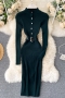autumn & winter new 8 colors knitted slight stretch long sleeve single breasted nipped waist slit slim stylish classic midi dress (with belt)_Black_Dark Green