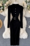 autumn & winter new 8 colors knitted slight stretch long sleeve single breasted nipped waist slit slim stylish classic midi dress (with belt)_Black