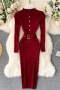 autumn & winter new 8 colors knitted slight stretch long sleeve single breasted nipped waist slit slim stylish classic midi dress (with belt)_Black_Dark Green_Red_Rose Red