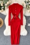 autumn & winter new 8 colors knitted slight stretch long sleeve single breasted nipped waist slit slim stylish classic midi dress (with belt)_Black_Dark Green_Red