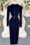 autumn & winter new 8 colors knitted slight stretch long sleeve single breasted nipped waist slit slim stylish classic midi dress (with belt)_Black_Dark Green_Red_Rose Red_Beige_Blue_Dark Blue