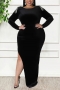 l-5xl plus size autumn&winter new stylish solid color 5-colors hollow zip-up metal chain tassel rhinestone velvet slit sexy maxi dress_Black