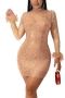 autumn new stylish 6 colors mesh patchwork see-through fuzzy high quality slight stretch zip-up sequins rhinestone plus size slim sexy mini dress_Black_White_Red_Rose Red_Beige