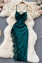 summer new 3 colors satin lace patchwork non stretch sling high slit crossed design stylish sexy midi dress_Black_White_Dark Green