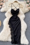 summer new 3 colors satin lace patchwork non stretch sling high slit crossed design stylish sexy midi dress_Black