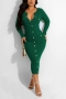 autumn new stylish 4 colors solid color slight stretch ribbed knit pocket single breasted plus size casual midi dress_Black_Dark Green