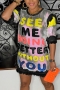 summer stylish 5 colors sequins multicolor letter printing slight stretch loose plus size casual mini dress_Black