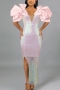 s-4xl plus size autumn new stylish sequins bow tie zip-up patchwork slight stretch slit high quality sexy maxi dress_Pink