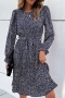 early autumn new 3 colors batch printing slight stretch trumpet sleeve lace up pleated swing stylish classic midi dress (with belt)_Dark Green_Rose Red_Dark Blue