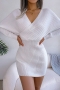 two colors knitted slight stretch sexy bodycon mini sweater dress_White