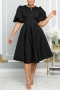 new 4 colors stretch puff short sleeves zip-up stylish casual midi dress_Black