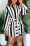 plus size four colors non-stretch stripe printing with belt casual mini dress_Black