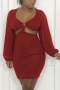 plus size stretch 3 colors metal ring connected hollow sexy mini dress_Black_Rose Red