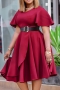 plus size slight stretch v-neck nipped waist classic midi dress (with belt)_Rose Red