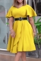 plus size slight stretch v-neck nipped waist classic midi dress (with belt)_Rose Red_Blue_Yellow